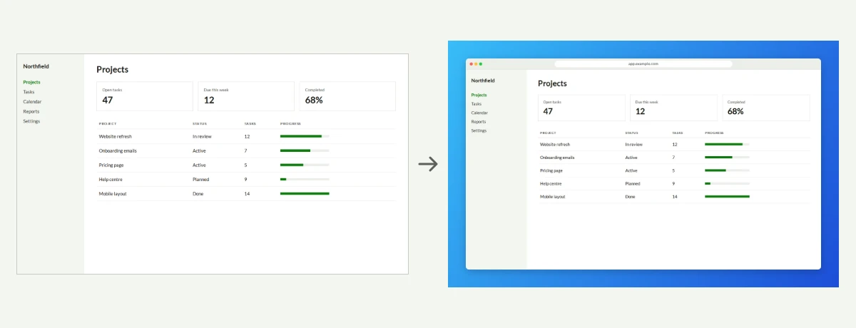 Before and after Beautify: on the left a plain screenshot of a web app; on the right the same screenshot in a light browser frame with rounded corners and a soft shadow, on a blue gradient.